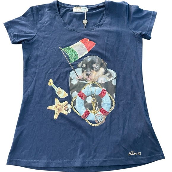 EAN 13 Tops - EAN 13 Swarovkski Crystal Embellished Shirt Puppy Nautical Navy NWT Size 42/6